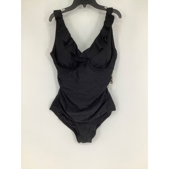 DKNY Women's Large Black Ruffle Plunge One Piece Swimsuit Beach Resort K17-26 - Picture 3 of 8